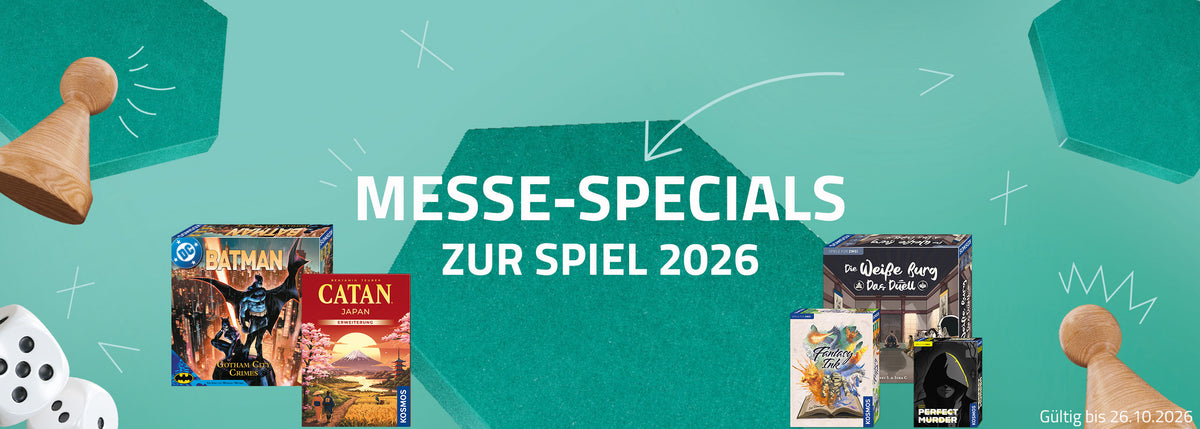 Güner Banner zu den Messe-Specials zur SPIEL in Essen 2026 mit Packshots von Batman, CATAN Japan und einem Bundle